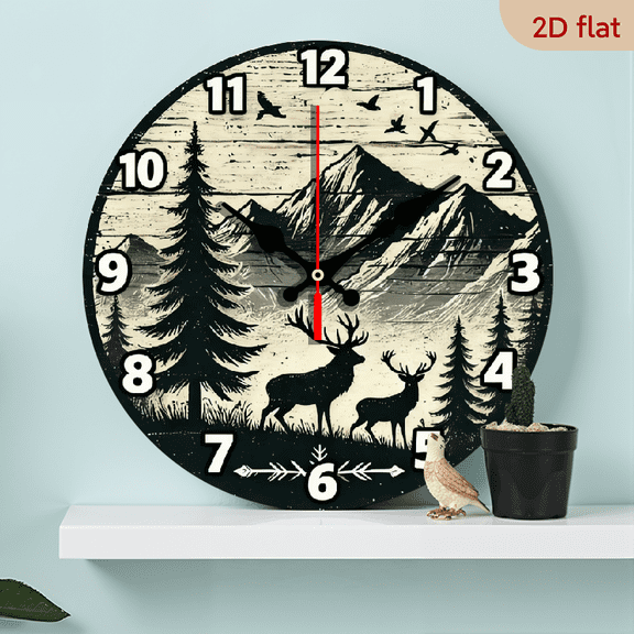 A 10-inch 2D flat "Mountains and Deer Shadows" theme wooden silent round wall clock, suitable for decorating homes/offices, is an excellent choice for Christmas and New Year gifts.