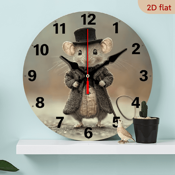 10-inch 2D flat "Mouse Magician" theme wooden circular silent wall clock, suitable for modern home art decoration, wall decoration, it is an ideal gift for festivals and birthdays