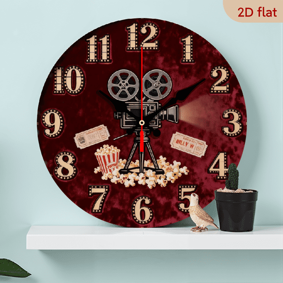 10-inch 2D flat "Movie Elements" theme wooden circular silent wall clock, suitable for modern home art decoration, wall decoration, it is an ideal gift for festivals and birthdays