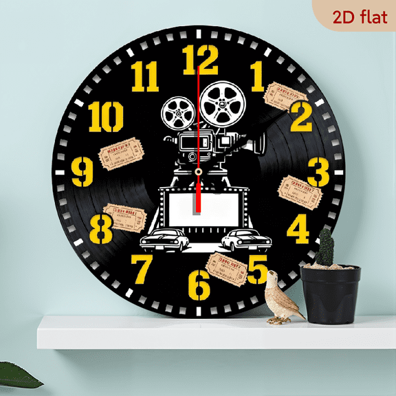 A 10-inch 2D flat "Movie Screening" theme wooden circular wall clock. Suitable for decoration in bedrooms, living rooms and offices. It is an ideal gift for Christmas and New Year.