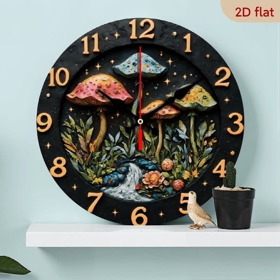 A 10-inch 2D flat "Mushroom Forest" themed wooden circular wall clock, suitable for decoration in bedrooms, living rooms, and offices. It is an ideal gift for Christmas and New Year.