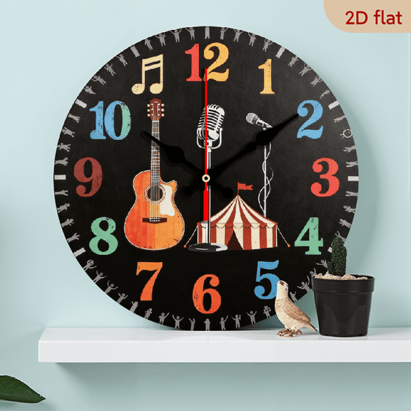A 10-inch 2D flat "Music Circus" themed wooden silent wall clock. It is an excellent choice for Halloween/Easter/Christmas gifts and is suitable for modern home decoration art.