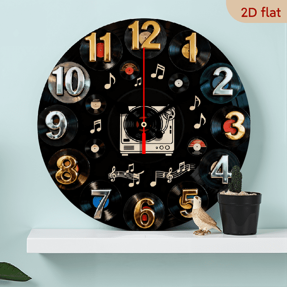 10-inch 2D flat "Music Player" theme wooden circular silent wall clock, suitable for modern home art decoration, wall decoration, it is an ideal gift for festivals and birthdays
