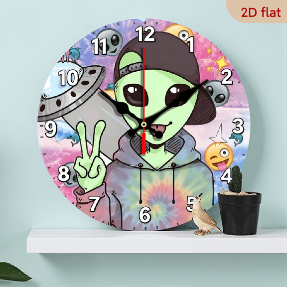 10-inch 2D flat "Naughty Alien" theme wooden circular silent wall clock. Suitable for modern home art decoration, wall decoration. It is an ideal gift for festivals and birthdays.
