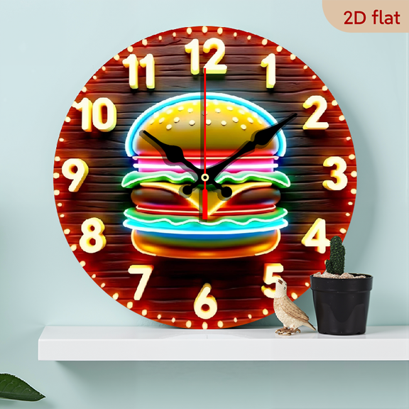 A 10-inch 2D flat "Neon Burger" themed wooden silent wall clock is an excellent choice for Halloween/Easter/Christmas gifts and is suitable for modern home decoration art.