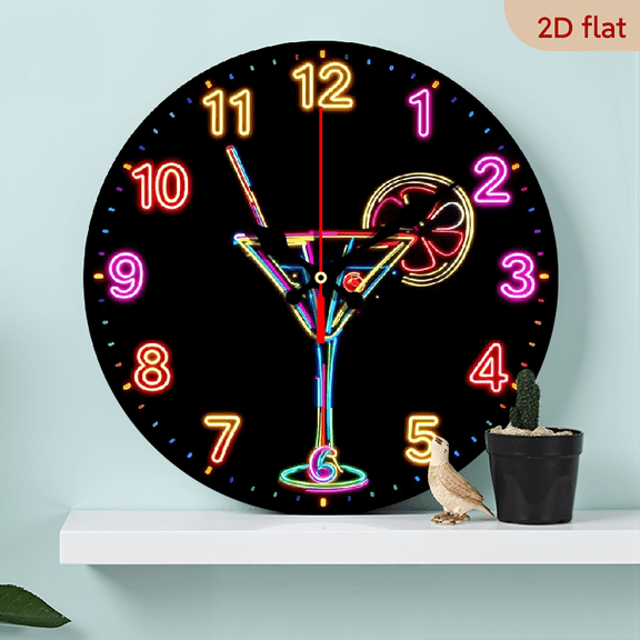 A 10-inch 2D flat "Neon Cocktail" theme wooden circular wall clock, suitable for decoration in bedrooms, living rooms and offices. It is an ideal gift for Christmas and New Year.