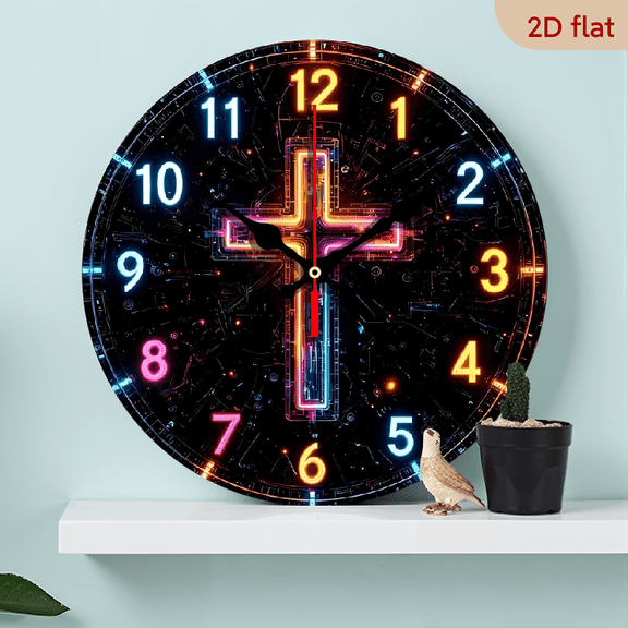 A 10-inch 2D flat "Neon Cross" themed wooden silent wall clock. It is an excellent choice for Halloween/Easter/Christmas gifts and is suitable for modern home decoration art.