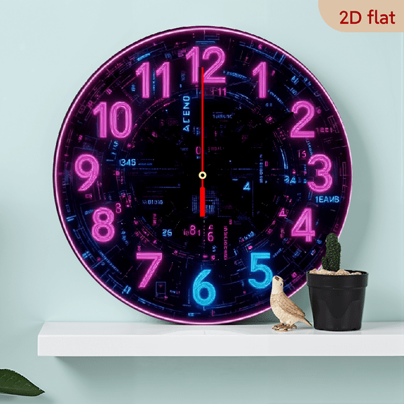 10-inch 2D flat "Neon Electronics" theme wooden circular silent wall clock, suitable for modern home art decoration, wall decoration, it is an ideal gift for festivals and birthdays