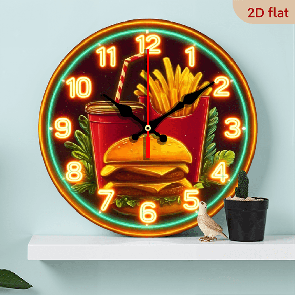 A 10-inch 2D flat "Neon Fast Food" themed wooden circular wall clock, suitable for decoration in bedrooms, living rooms and offices. It is an ideal gift for Christmas and New Year.