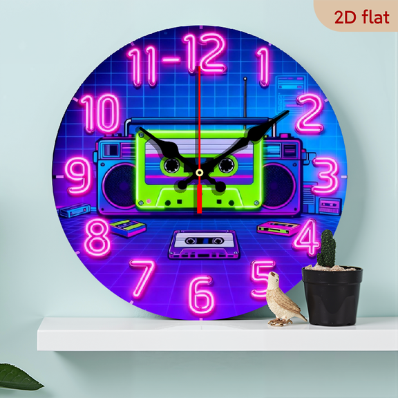 A 10-inch 2D flat "Neon Radio" themed wooden silent wall clock. It is an excellent choice for Halloween/Easter/Christmas gifts and is suitable for modern home decoration art.