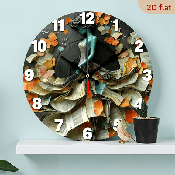 A 10-inch 2D flat "Paper Skirt Art" theme wooden silent wall clock is an excellent choice for decorating the interior walls and an ideal gift for various festivals.