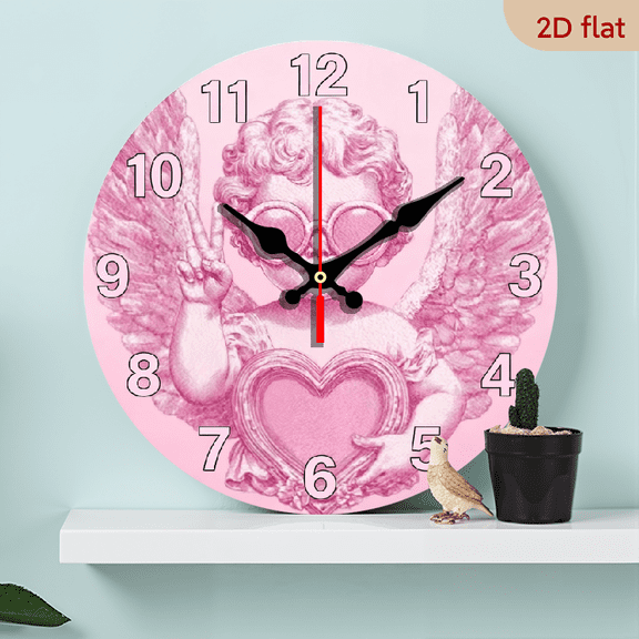 A 10-inch 2D flat "Pink Little Angel" theme wooden circular wall clock, suitable for decoration in bedrooms, living rooms and offices. It is an ideal gift for Christmas and New Year.