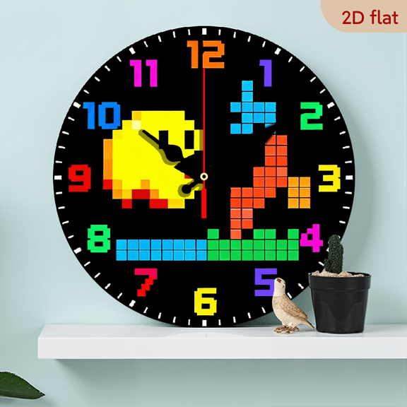 10-inch 2D flat "Pixel Game" theme wooden circular silent wall clock, suitable for modern home art decoration, wall decoration, it is an ideal gift for festivals and birthdays