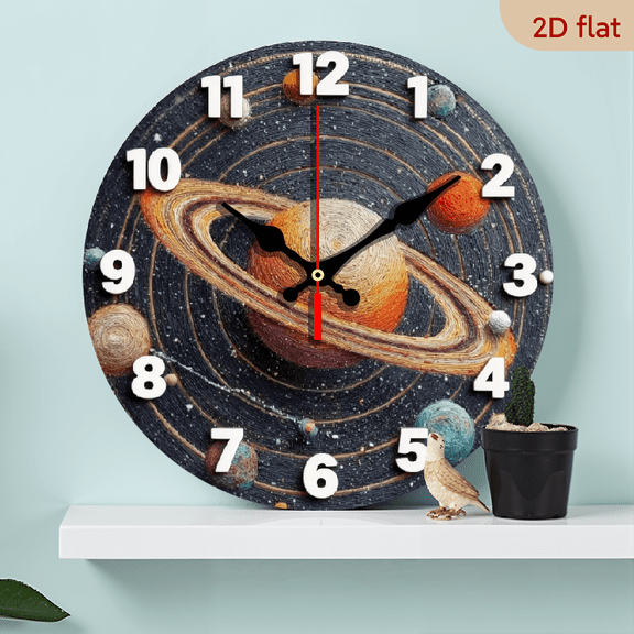 A 10-inch 2D flat "Planet" theme wooden circular wall clock, suitable for decoration in bedrooms, living rooms, and offices. It is an ideal gift for Christmas and New Year.