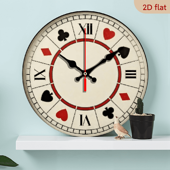 10-inch 2D flat "Poker" theme wooden circular silent wall clock, suitable for modern home art decoration, wall decoration, it is an ideal gift for festivals and birthdays