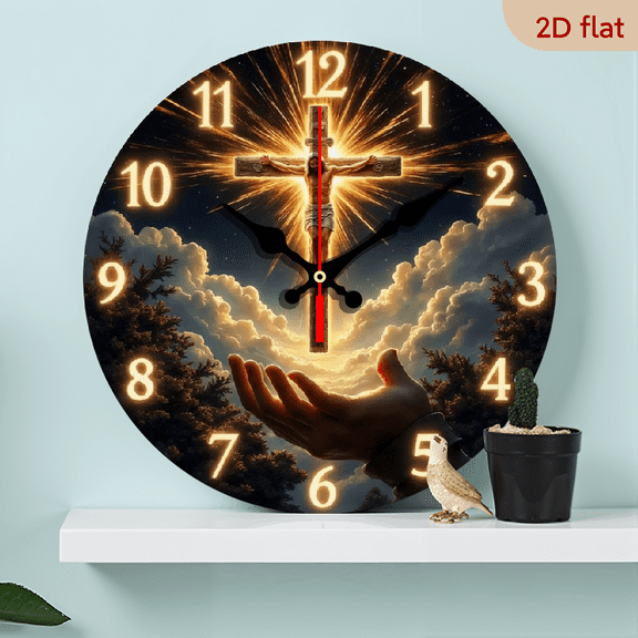 A 10-inch 2D flat "Prayer Cross" themed wooden silent wall clock. It is an excellent choice for Halloween/Easter/Christmas gifts and is suitable for modern home decoration art.