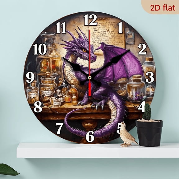 A 10-inch 2D flat "Purple Dragon" themed wooden circular wall clock, suitable for decoration in bedrooms, living rooms and offices. It is an ideal gift for Christmas and New Year.