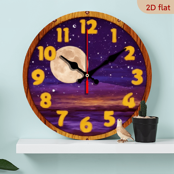 A 10-inch 2D flat "Purple Star and Full Moon" theme wooden silent wall clock. It is an excellent choice for Halloween/Easter/Christmas gifts and is suitable for modern home decoration art.