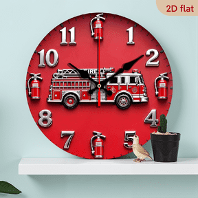 10-inch 2D flat "Red Fire Engine" theme wooden circular silent wall clock, suitable for modern home art decoration, wall decoration, it is an ideal gift for festivals and birthdays