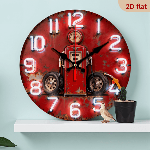 10-inch 2D flat "Red Gas Station" theme, wooden circular silent wall clock, suitable for modern home art decoration, wall decoration, it is an ideal gift for festivals and birthdays