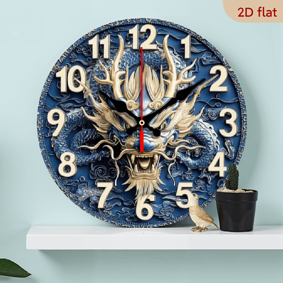 A 10-inch 2D flat "Respectful Dragon" theme wooden silent round wall clock. It can decorate bedrooms, living rooms, and offices, and is also the top choice for gift-giving.