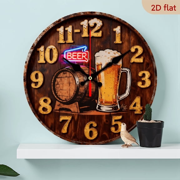 A 10-inch 2D flat "Retro Beer" themed wooden silent wall clock. It is an excellent choice for Halloween/Easter/Christmas gifts and is suitable for modern home decoration art.