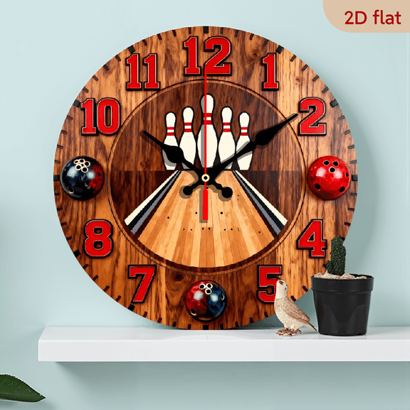 10-inch 2D flat "Retro Bowling" theme wooden circular silent wall clock, suitable for modern home art decoration, wall decoration, it is an ideal gift for festivals and birthdays