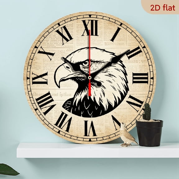 A 10-inch 2D flat "Retro Eagle" themed wooden circular wall clock, suitable for decoration in bedrooms, living rooms, and offices. It is an ideal gift for Christmas and New Year.