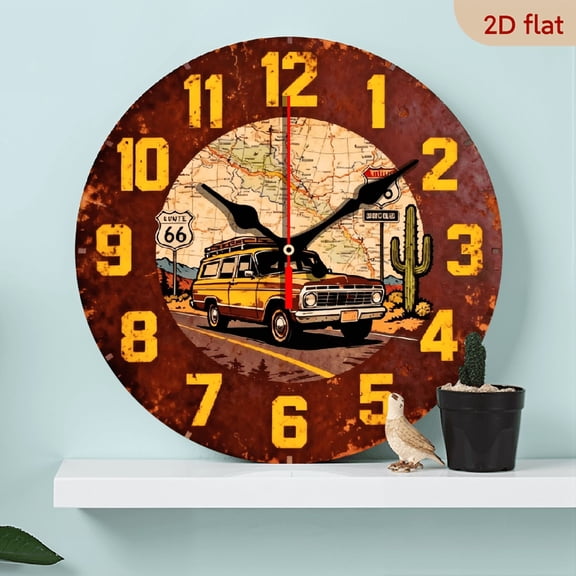 10-inch 2D flat "Retro Highway" theme wooden circular silent wall clock, suitable for modern home art decoration, wall decoration, it is an ideal gift for festivals and birthdays