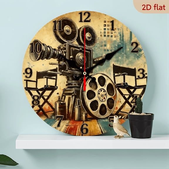A 10-inch 2D flat "Retro Projector" themed wooden circular wall clock, suitable for decoration in bedrooms, living rooms, and offices. It is an ideal gift for Christmas and New Year.