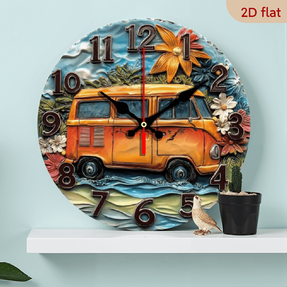 10-inch 2D flat "Retro Roadster" theme wooden silent wall clock. Ideal gift for Halloween/Easter/Christmas. Suitable for modern home decoration and art style.