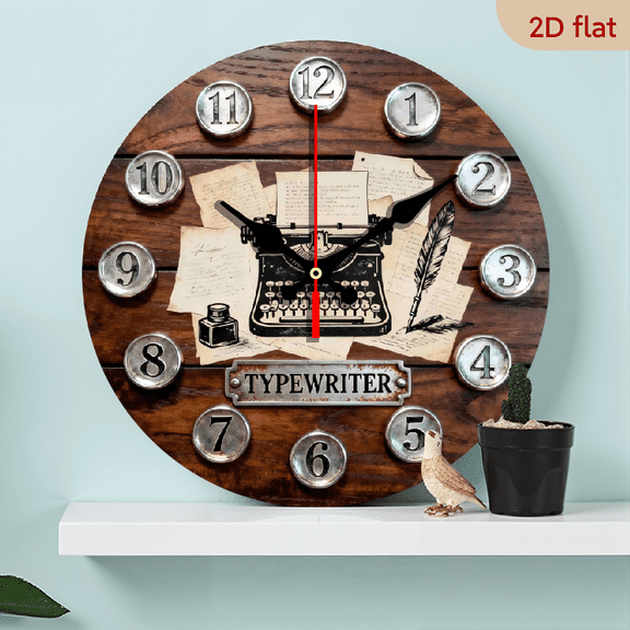 A 10-inch 2D flat "Retro Typewriter" themed wooden silent wall clock. It is an excellent choice for Halloween/Easter/Christmas gifts and is suitable for modern home decoration art.