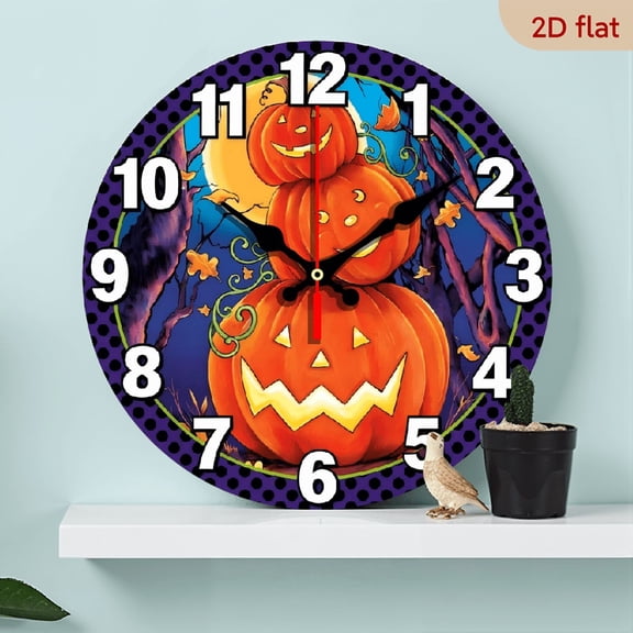 A 10-inch 2D flat "Scary Pumpkin" themed wooden silent wall clock. It is an excellent choice for Halloween/Easter/Christmas gifts and is suitable for modern home decoration art.