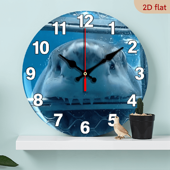 A 10-inch 2D flat "Sharks in the Sea" theme wooden silent round wall clock. It can decorate the bedroom, living room or office, and is also the top choice for gift-giving.