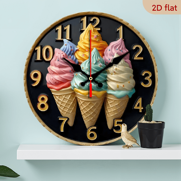 A 10-inch 2D flat "Six Color Ice Cream" themed wall clock, suitable for decoration in bedrooms, living rooms, and bathrooms. It is an ideal gift for Christmas and New Year.