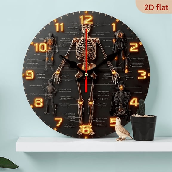 A 10-inch 2D flat "Skeleton Teaching" theme wooden circular wall clock, suitable for decoration in bedrooms, living rooms and offices. It is an ideal gift for Christmas and New Year.