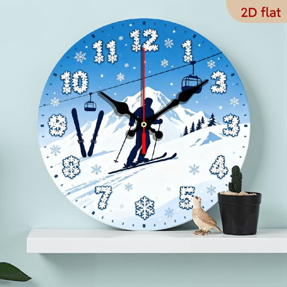 10-inch 2D flat "Skiing Shadow" theme wooden circular silent wall clock, suitable for modern home art decoration, wall decoration, it is an ideal gift for festivals and birthdays