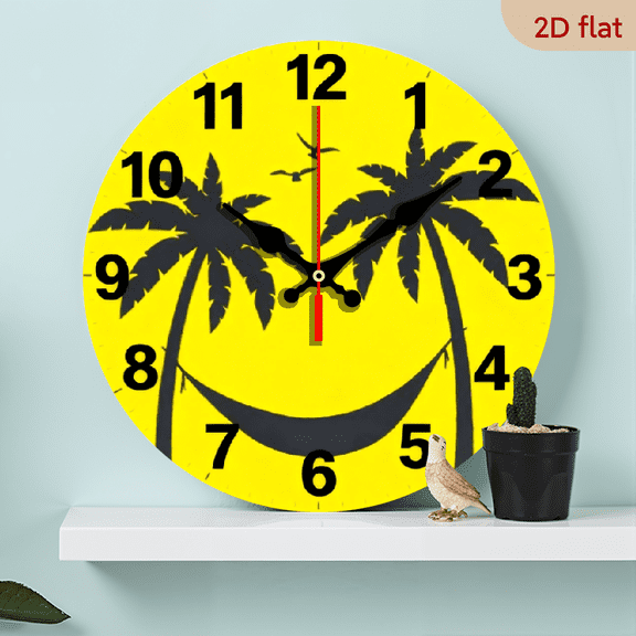 10-inch 2D flat "Smiling Coconut Tree Shadow" theme wooden circular silent wall clock, suitable for modern home art decoration, wall decoration, it is an ideal gift for festivals and birthdays