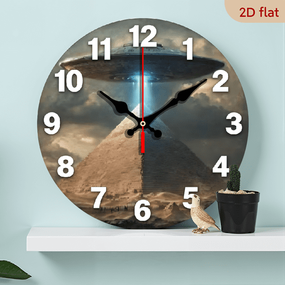 10-inch 2D flat "Spaceship and Pyramid" theme wooden circular silent wall clock, suitable for modern home art decoration, wall decoration, it is an ideal gift for festivals and birthdays