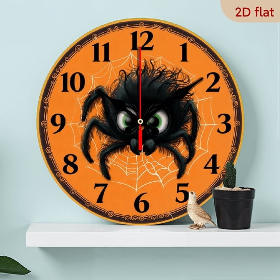 10-inch 2D flat "Spider and Spider Web" theme wooden circular silent wall clock, suitable for modern home art decoration, wall decoration, it is an ideal gift for festivals and birthdays