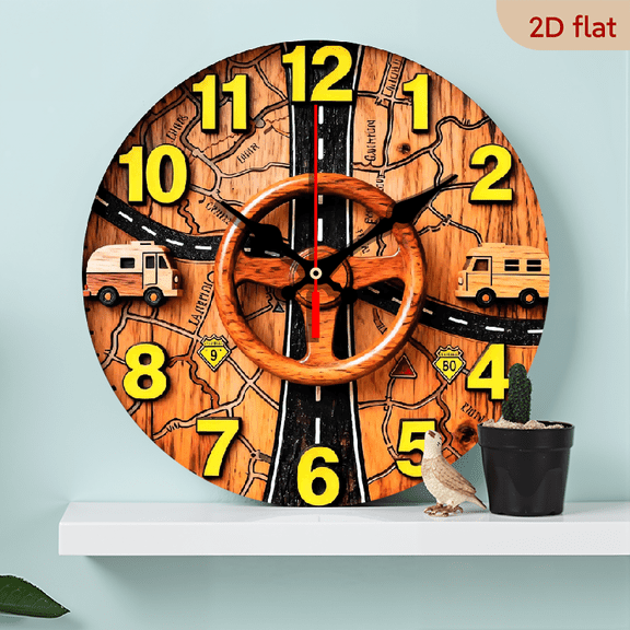 A 10-inch 2D flat "Steering Wheel" themed wooden circular wall clock, suitable for decoration in bedrooms, living rooms and offices. It is an ideal gift for Christmas and New Year.