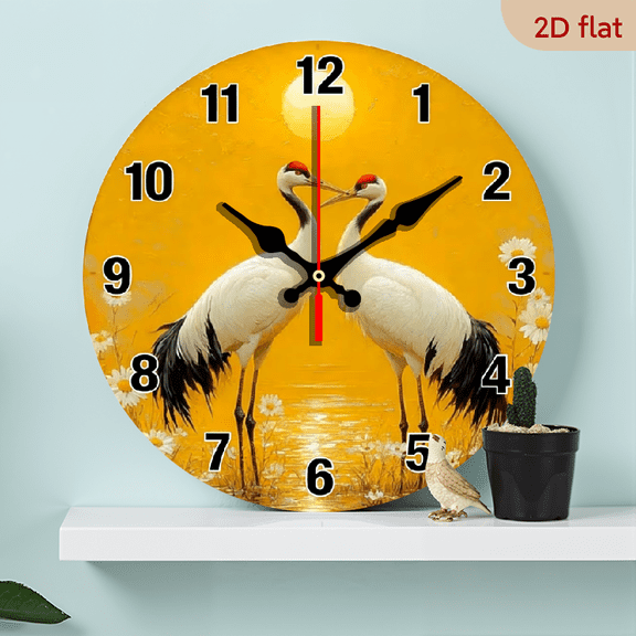 A 10-inch 2D flat "Sunset Crane" themed wooden silent wall clock is an excellent choice for decorating the interior walls and an ideal gift for various festivals.