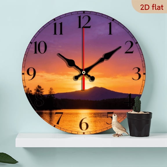 10-inch 2D flat "Sunset Scenery" theme wooden circular silent wall clock, suitable for modern home art decoration, wall decoration, it is an ideal gift for festivals and birthdays