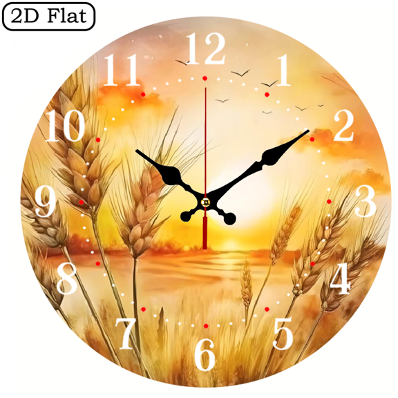 This 10-inch 2D flat "Sunset Over the Wheat Field" themed wall clock is suitable for decoration in living rooms and bedrooms, and is an excellent choice for Christmas and New Year celebrations.
