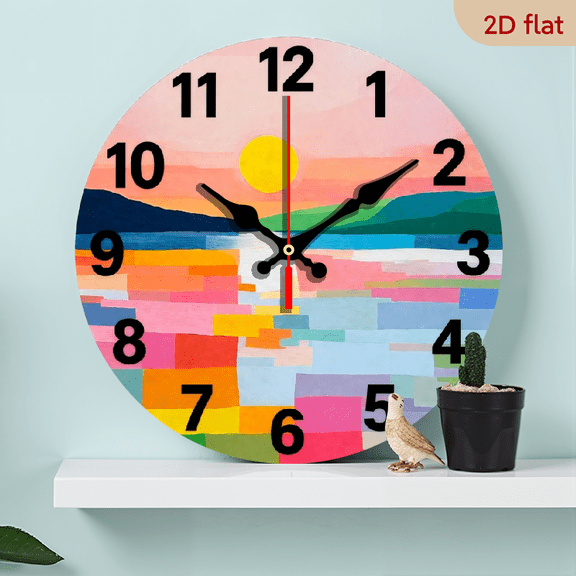 10-inch 2D flat "Sunset" theme wooden circular silent wall clock, suitable for modern home art decoration, wall decoration, it is an ideal gift for festivals and birthdays
