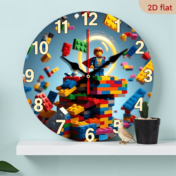 10-inch 2D flat "Superman Building Blocks" theme wooden circular silent wall clock, suitable for modern home art decoration, wall decoration, it is an ideal gift for festivals and birthdays