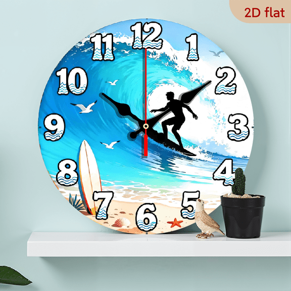 A 10-inch 2D flat "Surf Shadow" theme wooden circular wall clock, suitable for decoration in bedrooms, living rooms, and offices. It is an ideal gift for Christmas and New Year.