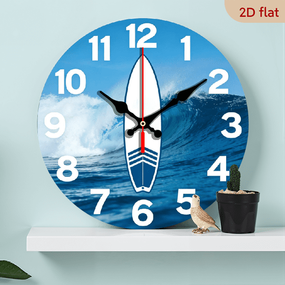 10-inch 2D flat "Surfing Waves and Surfboards" theme wooden circular silent wall clock, suitable for modern home art decoration, wall decoration, it is an ideal gift for festivals and birthdays