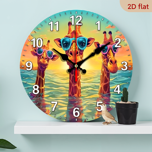 A 10-inch 2D flat "Swimming Giraffe" themed wooden silent wall clock is an excellent choice for Halloween/Easter/Christmas gifts and is suitable for modern home decoration art.