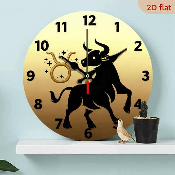 A 10-inch 2D flat "Taurus" theme wooden circular wall clock, suitable for decoration in bedrooms, living rooms and offices. It is an ideal gift for Christmas and New Year.